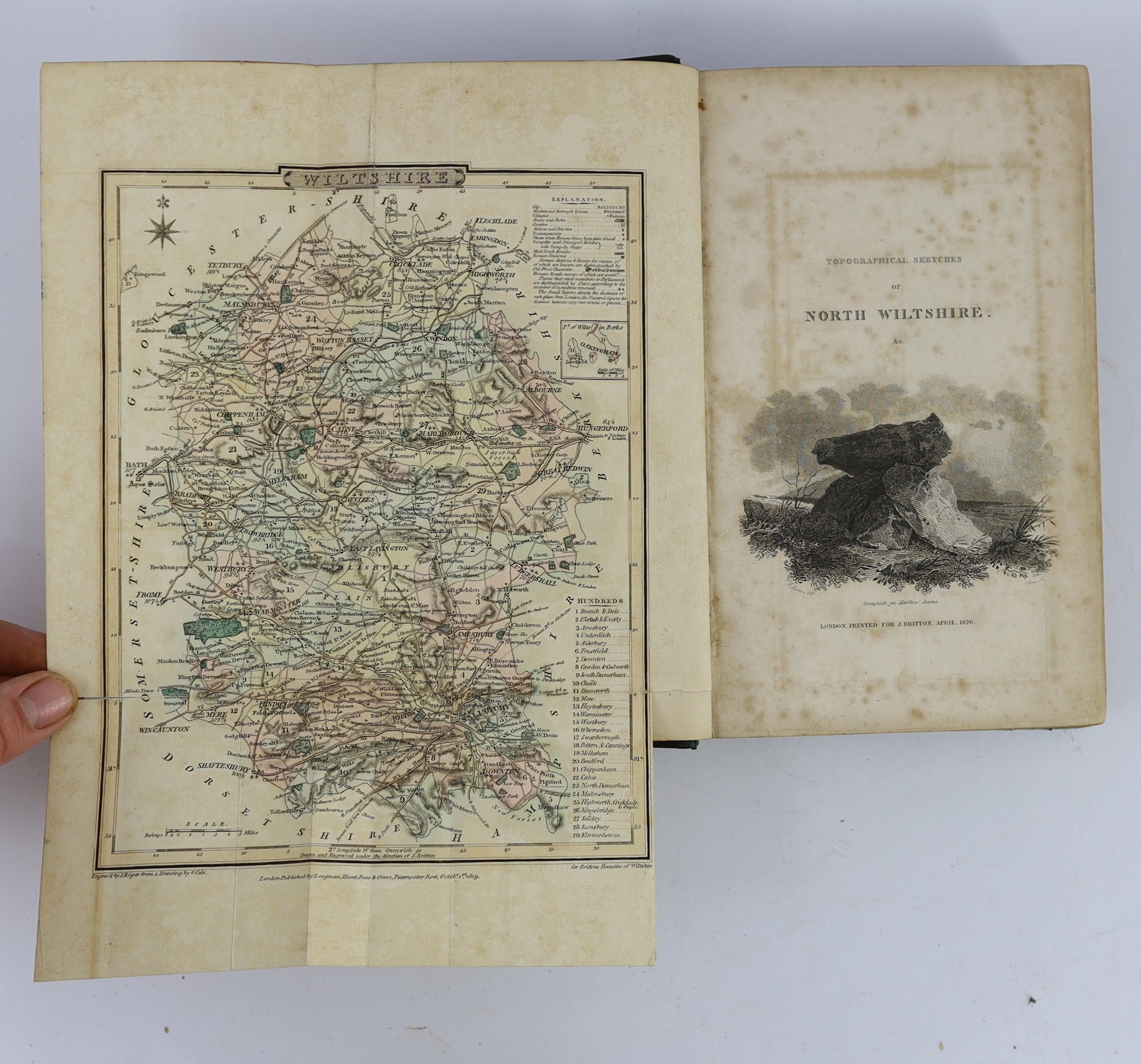 WILTS: (Britton, John) The Beauties of Wiltshire ... interspersed with anecdotes of the arts. 2 vols. engraved pictorial and printed titles, 14 plates; contemp. half calf and marbled boards, gilt-panelled spines and marb